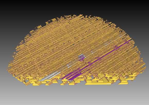 Eine zweite 3D-Darstellung der inneren Struktur eines Mikrochips (Prozessor der Firma Intel). (Foto: Paul Scherrer Institut / Mirko Holler)