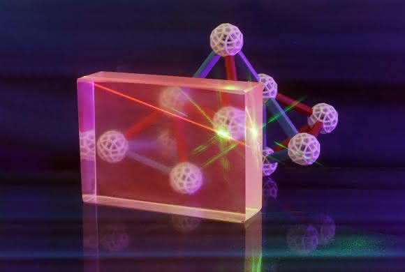 Am neuen Zentrum soll erforscht werden, wie sich Glaseigenschaften verändern und so neue Funktionalitäten entstehen können – wie hier am Spezialglasblock mit besonderen optischen Eigenschaften und Gitter-Modell, an dem Glaschemiker der Universität Jena forschen. (Foto: Jan-Peter Kasper / FSU)