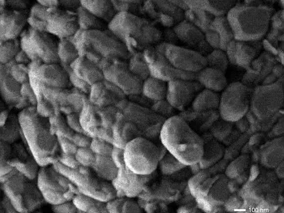 Rasterelektronenmikroskopische Aufnahme des untersuchten Elektrodenmaterials. (Bild: Irmgard Buchberger / TUM) Rasterelektronenmikroskopische Aufnahme des untersuchten Elektrodenmaterials. (Bild: Irmgard Buchberger / TUM)
