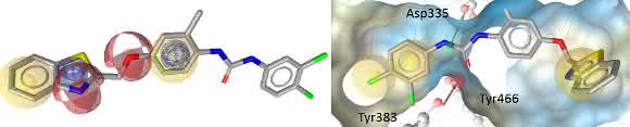 3D-Struktur von I-12 links im Bild im FLAP-Pharmakophormodell und rechts im sEH-Pharmakophormodell, das in der 3D-Bindetasche des Enzyms liegt. Die farbigen Kugeln und Pfeile stellen das Pharmakophormodell dar. Sie codieren für die Aktivität wichtige Wechselwirkungen mit FLAP (links) bzw. sEH (rechts). (Foto: Daniela Schuster)