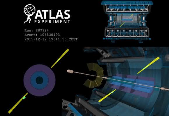 Schematische Darstellung eines aufgezeichneten Kollisionsereignisses mit zwei Lichtteilchen am ATLAS-Experiment vom 12. Dezember 2015. (Foto/©: ATLAS Collaboration) Schematische Darstellung eines aufgezeichneten Kollisionsereignisses mit zwei Lichtteilchen am ATLAS-Experiment vom 12. Dezember 2015. (Foto/©: ATLAS Collaboration)