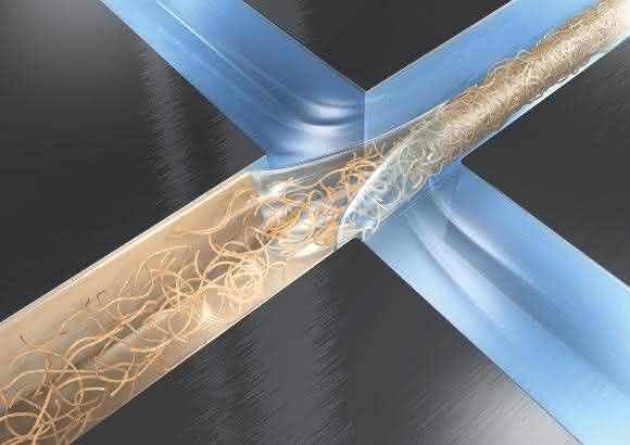 Durch die hydrodynamische Fokussierung mit Hilfe seitlicher Wasserstrahlen verknäulen sich die Proteinfibrillen zu einer Mikrofaser (Bild: DESY/Eberhard Reimann).