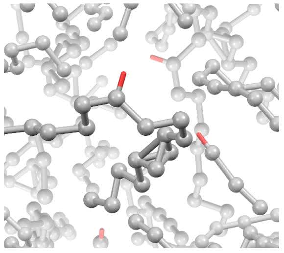 Pyrolytischer magnetischer Kohlenstoff (PMC): Das Modell zeigt die für die magnetischen Eigenschaften verantwortlichen ungepaarten Elektronenspins (rot). (Abbildung: Swati Sharma) Pyrolytischer magnetischer Kohlenstoff (PMC): Das Modell zeigt die für die magnetischen Eigenschaften verantwortlichen ungepaarten Elektronenspins (rot). (Abbildung: Swati Sharma)