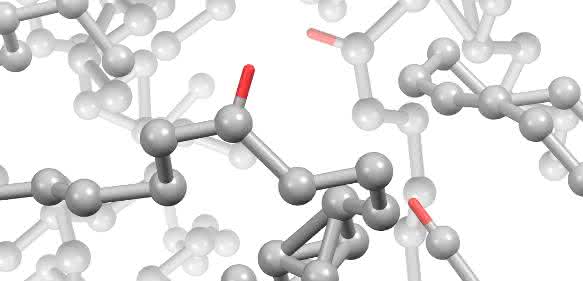 Pyrolytischer magnetischer Kohlenstoff (PMC): Das Modell zeigt die für die magnetischen Eigenschaften verantwortlichen ungepaarten Elektronenspins (rot). (Abbildung: Swati Sharma) Pyrolytischer magnetischer Kohlenstoff (PMC): Das Modell zeigt die für die magnetischen Eigenschaften verantwortlichen ungepaarten Elektronenspins (rot). (Abbildung: Swati Sharma)