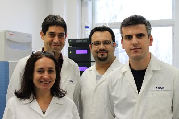 Christopher Gerner zusammen mit seinem Team (von links: Astrid Slany, Christopher Gerner, Besnik Muqaku, Ammar Tahir). (Copyright: Universität Wien) Christopher Gerner zusammen mit seinem Team (von links: Astrid Slany, Christopher Gerner, Besnik Muqaku, Ammar Tahir). (Copyright: Universität Wien)