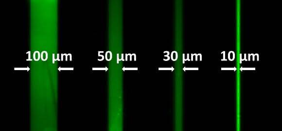 Fluoreszente Muster mit bis zu zehn Mikrometer kleinen Merkmalen lassen sich mit dem neuen Verfahren auf Oberflächen erzeugen. (Abbildung: Angewandte Chemie)