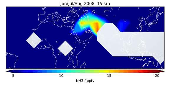 Verteilung des atmosphärischen Ammoniakgehalts Verteilung des atmosphärischen Ammoniakgehalts