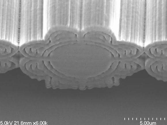 Die optimierte Blumenstruktur ist als 3D-Druck nur 15 µm groß, ein menschliches Haar ist etwa dreimal so dick. (Foto: Bill Hsiung, Uni Akron)