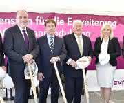 Bei einer offiziellen Feierstunde haben (v.l.) Dr. Götz Baumgarten, Leiter des Membrangeschäfts, Dr. Axel Kobus, Leiter der Produktlinie Fibres, Membranes & Specialities, Dr. Claus Rettig, Vorsitzender der Geschäftsführung der Evonik Resource Efficiency GmbH, Dr. Klaus Engel, Vorstandsvorsitzender der Evonik Industries AG, Mag. Dr. Angelika Winzig, Abgeordnete zum Nationalrat des österreichischen Parlaments sowie Gerhard Gründl, Bürgermeister der Markt­ge­mein­de Schörfling am Attersee, am 30. September 2016 den Grundstein für die Erweiterung des Standorts in Schörfling (Österreich) gelegt. Bild: Evonik Industries AG