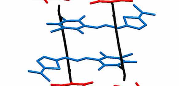 Abbildung der Kristallstruktur des Hetero-Aggregats, bestehend aus vier Merocyanin-Chromophoren. (Grafik: David Bialas)