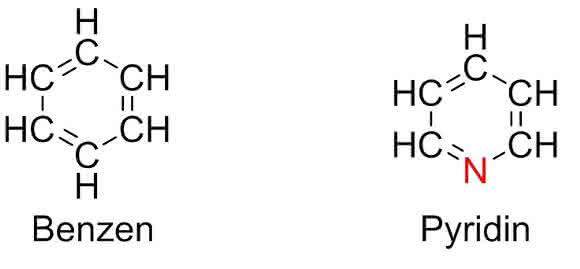 Abbildung 1: Die Strukturen von Benzen und Pyridin (Copyright: Universität Wien). Abbildung 1: Die Strukturen von Benzen und Pyridin (Copyright: Universität Wien).