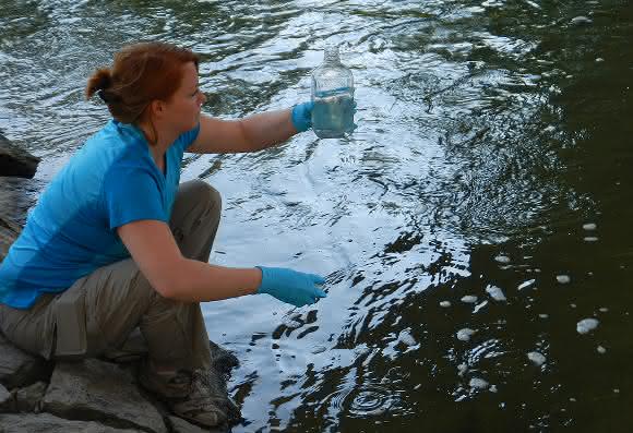 Umweltbiologin Kristy Deiner entnimmt Wasser, um die Umwelt-DNA extrahieren zu können. (Bild UZH)