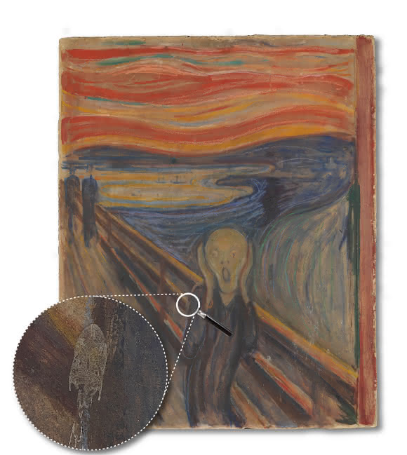 Auf dem 'Schrei' von Edvard Munch finden sich mystriöse weiße Flecken (Lupe). Bild: Norwegisches Nationalmuseum.