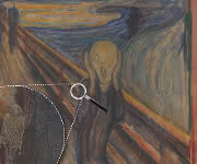 Auf dem 'Schrei' von Edvard Munch finden sich mystriöse weiße Flecken (Lupe). Bild: Norwegisches Nationalmuseum. Auf dem 'Schrei' von Edvard Munch finden sich mystriöse weiße Flecken (Lupe). Bild: Norwegisches Nationalmuseum.