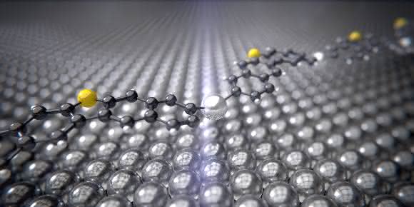 Das Zwischenprodukt der Ullmann-Reaktion mit dem Silberkatalysator (silbern) zwischen den Kohlenstoffringen (schwarz) und Schwefelatomen (gelb) krümmt sich wie eine Brücke über der Silber-Oberfläche. (Bild: Universität Basel, Departement Physik)
