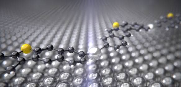 Das Zwischenprodukt der Ullmann-Reaktion mit dem Silberkatalysator (silbern) zwischen den Kohlenstoffringen (schwarz) und Schwefelatomen (gelb) krümmt sich wie eine Brücke über der Silber-Oberfläche. (Bild: Universität Basel, Departement Physik)