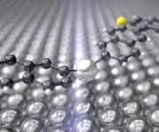 Das Zwischenprodukt der Ullmann-Reaktion mit dem Silberkatalysator (silbern) zwischen den Kohlenstoffringen (schwarz) und Schwefelatomen (gelb) krümmt sich wie eine Brücke über der Silber-Oberfläche. (Bild: Universität Basel, Departement Physik) Das Zwischenprodukt der Ullmann-Reaktion mit dem Silberkatalysator (silbern) zwischen den Kohlenstoffringen (schwarz) und Schwefelatomen (gelb) krümmt sich wie eine Brücke über der Silber-Oberfläche. (Bild: Universität Basel, Departement Physik)
