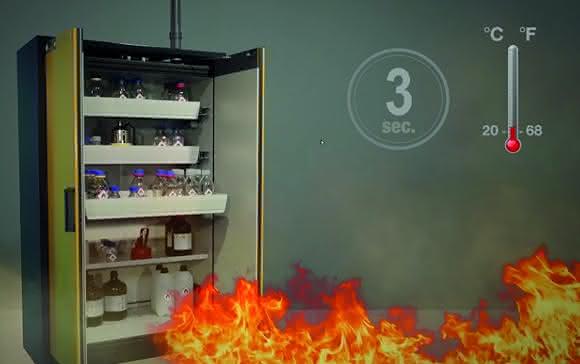 asecos Sicherheitsschränke schützen die eingelagerten Chemikalien bei Feuerausbruch bis zu 90 min. asecos Sicherheitsschränke schützen die eingelagerten Chemikalien bei Feuerausbruch bis zu 90 min.