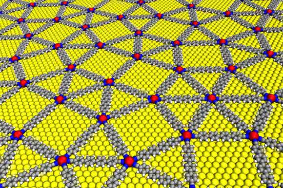 Quasikristallines Netzwerk aus mit para-Quaterphenyl-Dicarbonitril vernetzten Europium-Atomen auf einer Gold-Oberfläche (gelb). (Bild / Fotograf: Carlos A. Palma / TUM)