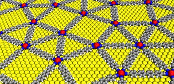 Quasikristallines Netzwerk aus mit para-Quaterphenyl-Dicarbonitril vernetzten Europium-Atomen auf einer Gold-Oberfläche (gelb). (Bild / Fotograf: Carlos A. Palma / TUM) Quasikristallines Netzwerk aus mit para-Quaterphenyl-Dicarbonitril vernetzten Europium-Atomen auf einer Gold-Oberfläche (gelb). (Bild / Fotograf: Carlos A. Palma / TUM)