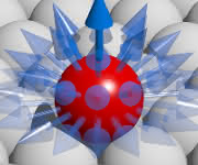 Künstlerische Darstellung der magnetischen Fluktuationen (blaue Pfeile) eines einzelnen Atoms (rote Kugel) auf einer Oberfläche (graue Kugeln) (© Reprinted with permission from Nano Lett. Copyright 2016. American Chemical Society)