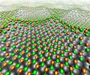 Bienenwabenförmiges Nanomesh: Bornitrid-Struktur aus Stickstoff (grün) und Bor (orange) auf Rhodium (grau); Wabenabstand 3,2 nm (Bild: Marcella Iannuzzi, UZH & Ari Seitsonen, ENS Paris)