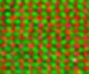 Mit Hilfe der EELS-Elektronenspektroskopie lassen sich im Rasterelektronenmikroskop die einzelnen Atome in der Heterostruktur kartieren: Die supraleitenden YBaCuO-Regionen sind an Yttrium (Blau) und Kupfer (pink) erkennbar, während in der ferromagnetischen Schicht Mangan (grün) und Lanthan (rot) eingebaut ist. (Bild: MPI Stuttgart)