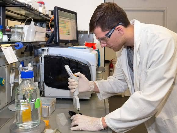 Mitautor Felix Bracharz bei der Vorbereitung eines Hochdurchsatz-Nilrot-Assays. Aus den Fluoreszenzdaten (siehe Bildschirm) lassen sich die Lipidtröpfchen der einzelnen Populationen ableiten. (Bild: Andreas Battenberg / TUM)
