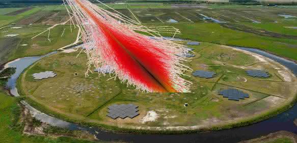 Ein Luftschauer aus vielen Teilchen trifft in dieser Bildmontage auf das Detektorfeld im Kern des Teleskops LOFAR im niederländischen Exloo. (Bild: ASTRON / KIT) Ein Luftschauer aus vielen Teilchen trifft in dieser Bildmontage auf das Detektorfeld im Kern des Teleskops LOFAR im niederländischen Exloo. (Bild: ASTRON / KIT)