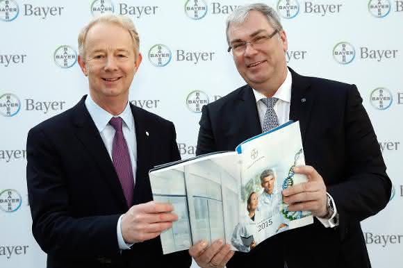 Dr. Marijn Dekkers, Vorsitzender des Vorstands der Bayer AG (links im Bild) und Finanzvorstand Johannes Dietsch bei der Vorstellung des Geschäftsberichts des Jahres 2015.