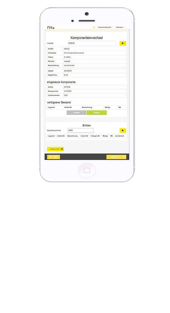 Eingabemaske Service-App von PSI