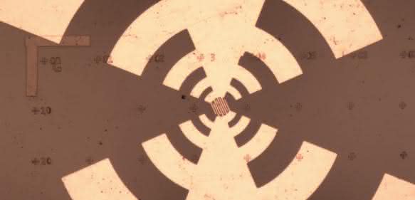 Die äußere Antenne des Detektors fängt langwellige Infrarot- und Terahertz-Strahlung ein und leitet sie wie ein Trichter zu einer Graphen-Flocke, die sich auf einem Siliziumcarbid-Substrat in der Mitte der Struktur befindet. (Quelle: Martin Mittendorff)