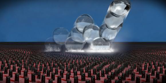 Spezielle mikrostrukturierte Silizium-Oberflächen weisen Wassertropfen so stark ab, dass letztere in die Höhe katapultiert werden (Illustration: Digit Works/ETH Zurich
