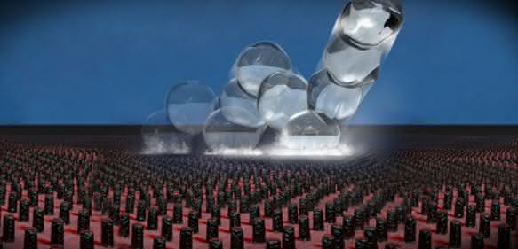 Spezielle mikrostrukturierte Silizium-Oberflächen weisen Wassertropfen so stark ab, dass letztere in die Höhe katapultiert werden (Illustration: Digit Works/ETH Zurich