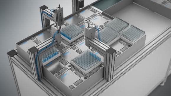 Motion Cube ermöglicht das parallele Handhaben unterschiedlicher Produkte wie hier z.B. Probengefäße (Foto: Festo).