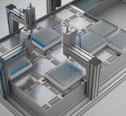Motion Cube ermöglicht das parallele Handhaben unterschiedlicher Produkte wie hier z.B. Probengefäße (Foto: Festo).