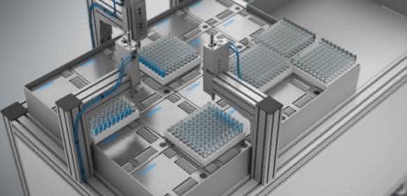 Motion Cube ermöglicht das parallele Handhaben unterschiedlicher Produkte wie hier z.B. Probengefäße (Foto: Festo).