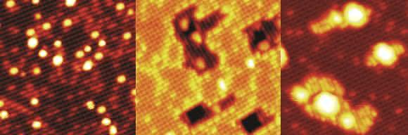 Links: Winzige Platin-Nanopartikel auf einer Eisenoxid-Oberfläche. Mitte: H2-Gas führt zu Löchern in der Oberfläche. Rechts: O2-Gas lässt zusätzliche Eisenoxid-Inseln wachsen. (Copyright: TU Wien)