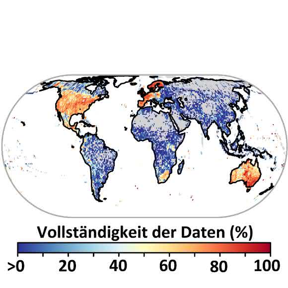 Artenatlas: Wärmere Farben zeigen Gebiete, in denen die meisten Arten mit Verbreitungsdaten abgedeckt sind. Für graue Bereiche gibt es gar keine Daten.