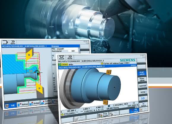 CNC-Steuerungen Sinumerik von Siemens Zwei gegenüberliegende Drehwerkzeuge spanen gleichzeitig am Werkstück