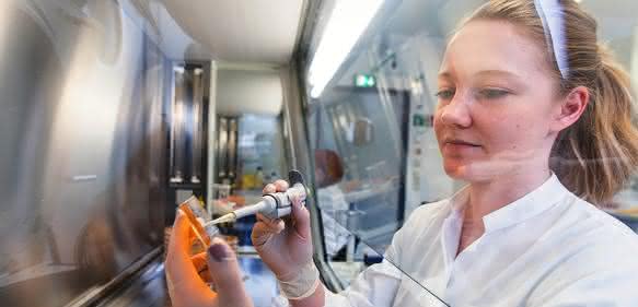 Zentrum für Innovationskompetenz Septomics: Antje Häder an der Sterilwerkbank