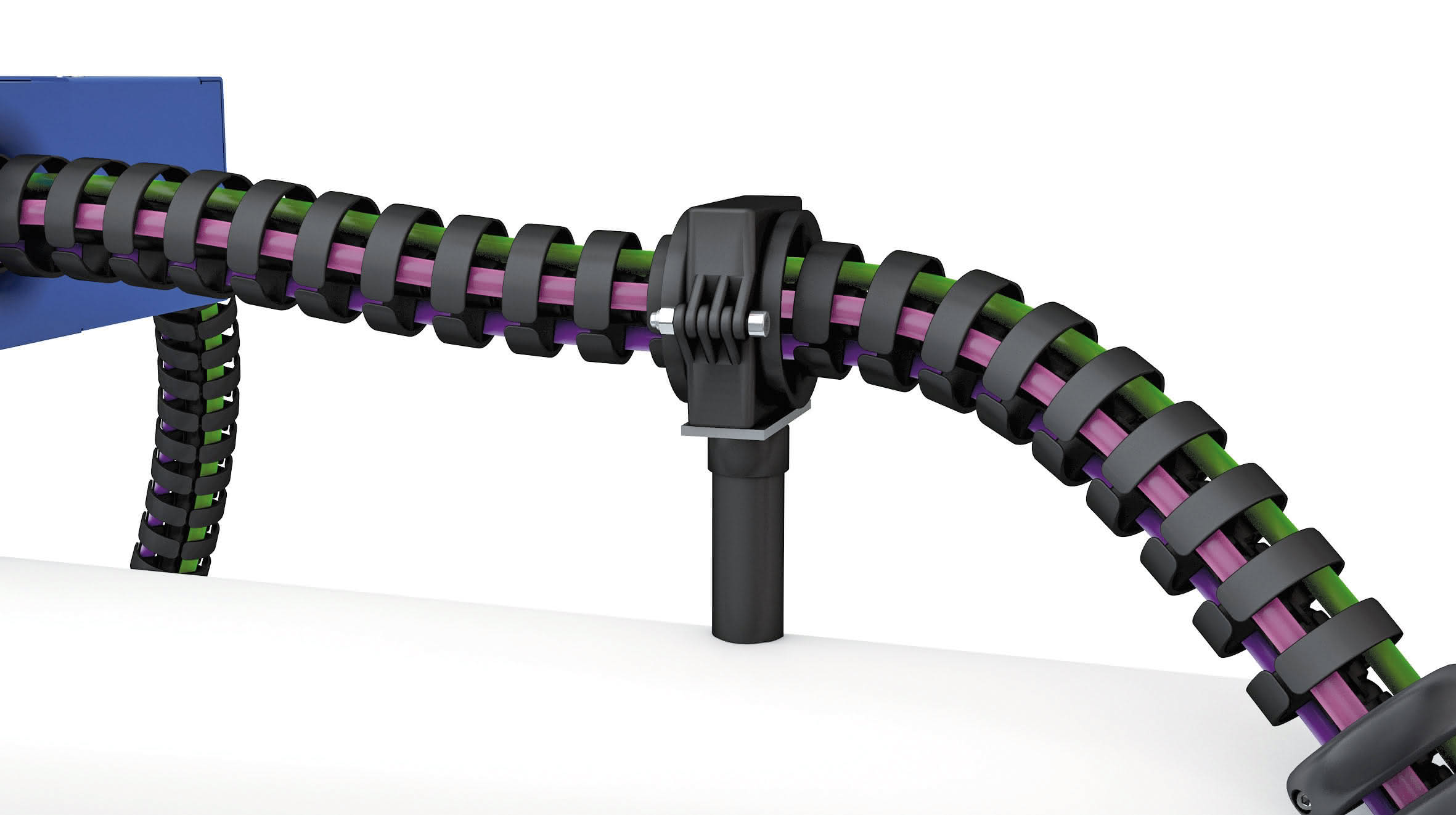 Robotrax Detail Führungshalterung Energieführung für 3D-Bewegungen: Strecken, beugen, schützen