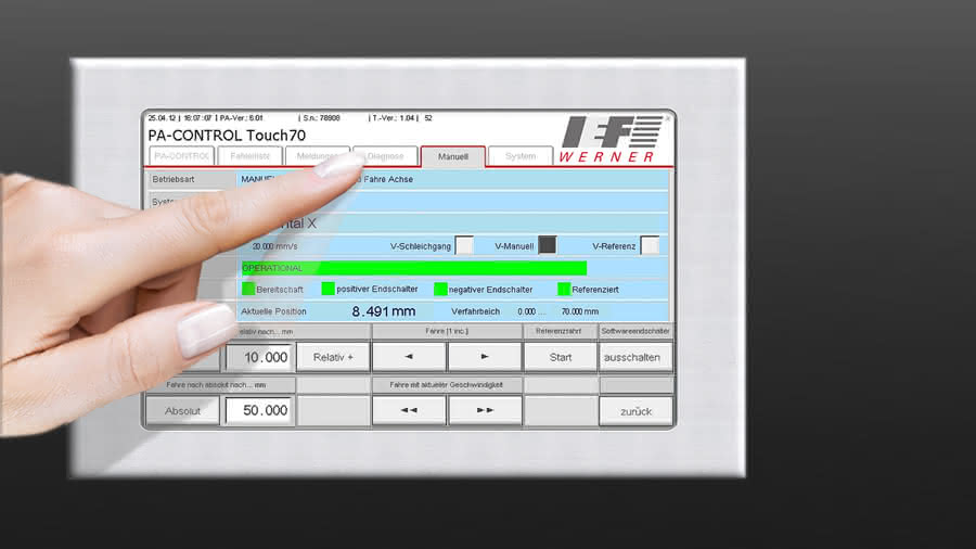 Oberfläche der PA-Control Touch Auch in der Montage: Die Größe zählt: Linearpositionierung ist wirtschaftlich