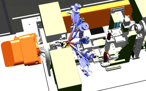Mit RobotStudio simulierte Brennerwolke am Bauteil Schweißroboter: Rationalisierungspotenziale modularer Standardschweißzellen