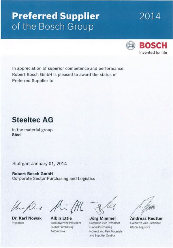 Blankstahlexperte zum dritten Mal "Preferred Supplier": Steeltec weiterhin Vorzugslieferant von Bosch Blankstahlexperte zum dritten Mal "Preferred Supplier": Steeltec weiterhin Vorzugslieferant von Bosch