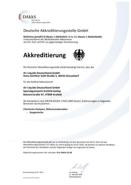 Spezialgasewerk Krefeld erneut akkreditiert: Kalibrier- und Prüfgase erfüllen höchste Ansprüche
