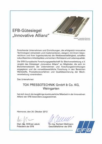 Wirtschaft + Unternehmen: Tox Pressotechnik erhält EFB-Gütesiegel Wirtschaft + Unternehmen: Tox Pressotechnik erhält EFB-Gütesiegel