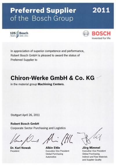 Wirtschaft + Unternehmen: Chiron: Von Bosch mit dem Preferred Supplier Status ausgezeichnet Wirtschaft + Unternehmen: Chiron: Von Bosch mit dem Preferred Supplier Status ausgezeichnet