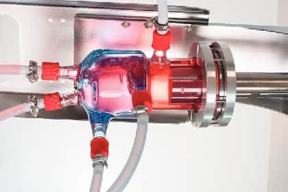 Ultraschallreaktor aus Glas: Glas-Durchflusszelle  fürs ultraschallgestützte Emulgieren