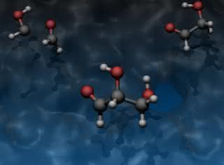 Die Reaktanden Hydroxymethylen und Formaldehyd (oben links), der einfachste Zucker, Glycolaldehyd (oben rechts) und der nächsthöhere Zucker (Glyceraldehyd), die in der Studie nachgewiesen wurden. Grafik zu den Reaktanden Hydroxymethylen und Formaldehyd